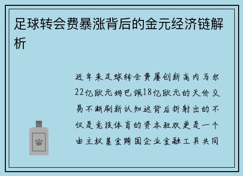 足球转会费暴涨背后的金元经济链解析